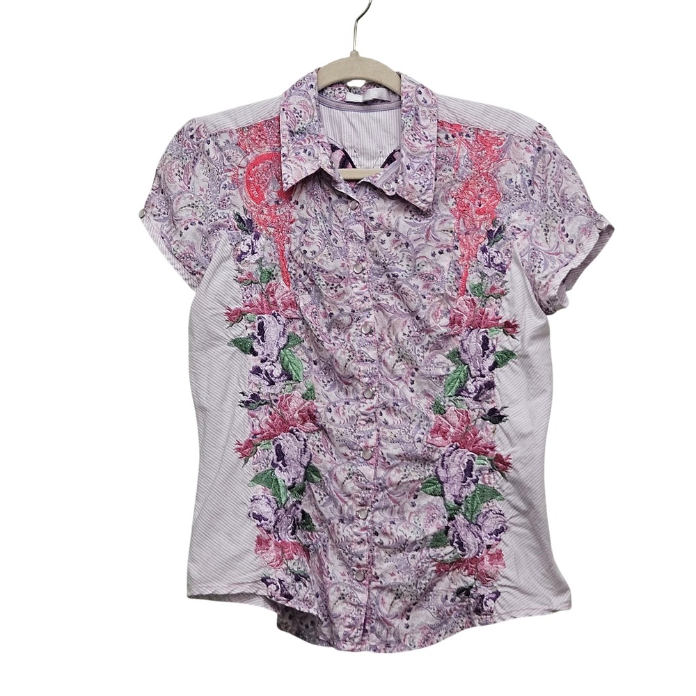3J Workshop Johnny Was Shirt M Purple Paisley Floral Butterfly Embroidered Fairy